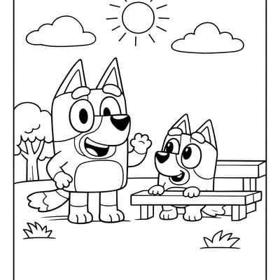 Bluey and Bingo at the park coloring page for kids age 6-8