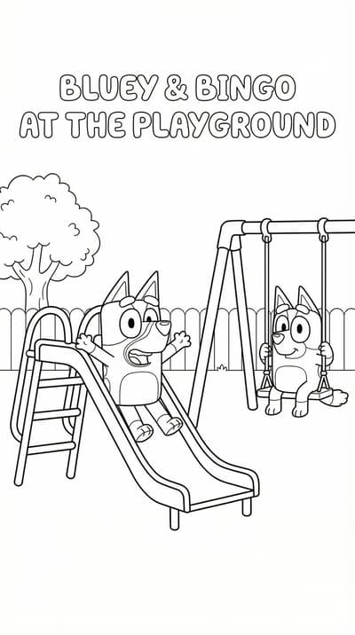 Bluey and Bingo at the playground coloring page for kids age 6-8