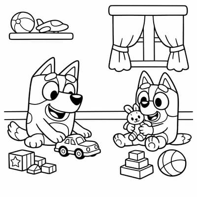 Bluey and Bingo playing with toys simple scene coloring page for kids age 6-8