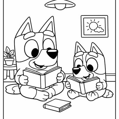 Bluey and Bingo reading together coloring page for kids age 6-8