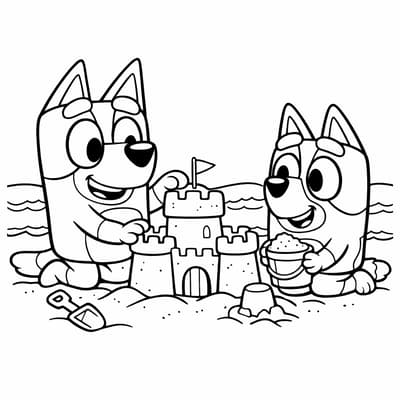Bluey and Bingo building a sandcastle on the beach coloring page for kids age 6-8