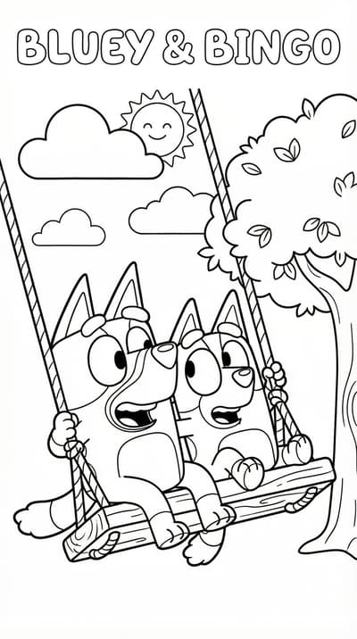 Bluey and Bingo on a swing coloring page for kids age 6-8