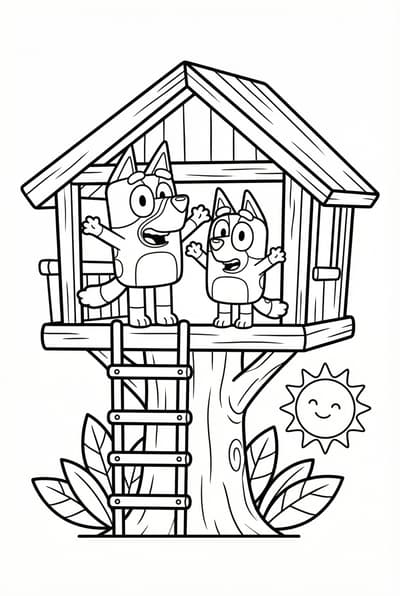 Bluey and Bingo in a treehouse coloring page for kids age 6-8