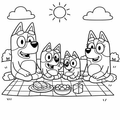 Bluey family picnic outdoor scene coloring page for kids age 6-8