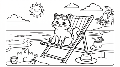 Cat on beach chair coloring page for kids age 6-8