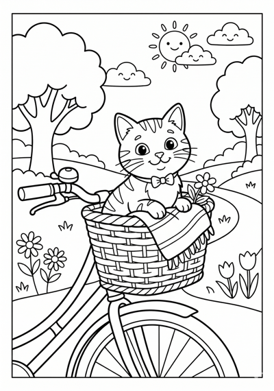 Cat in bicycle basket coloring page for kids age 6-8