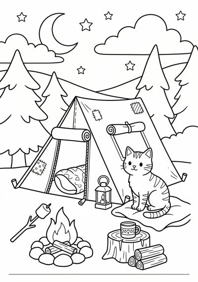 Cat camping coloring page for kids age 6-8