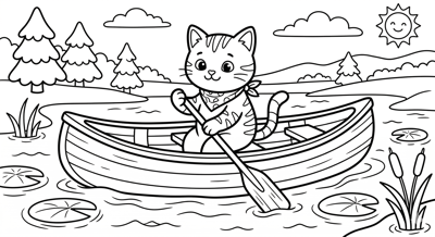Cat in canoe coloring page for kids age 6-8