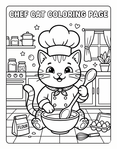 Chef cat coloring page for kids age 6-8