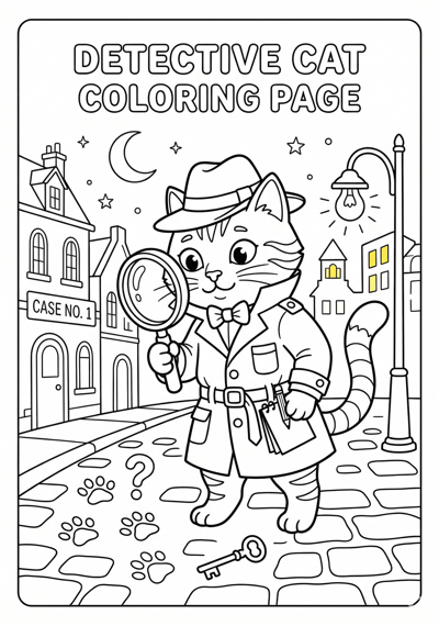 Detective cat coloring page for kids age 6-8