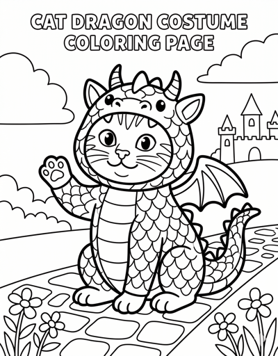 Cat in dragon costume coloring page for kids age 6-8