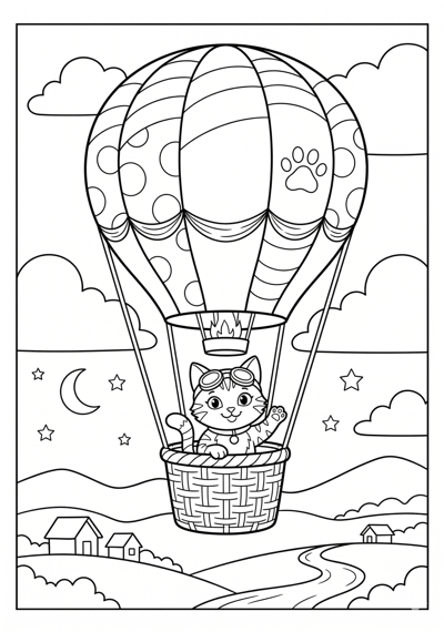 Cat in hot air balloon coloring page for kids age 6-8