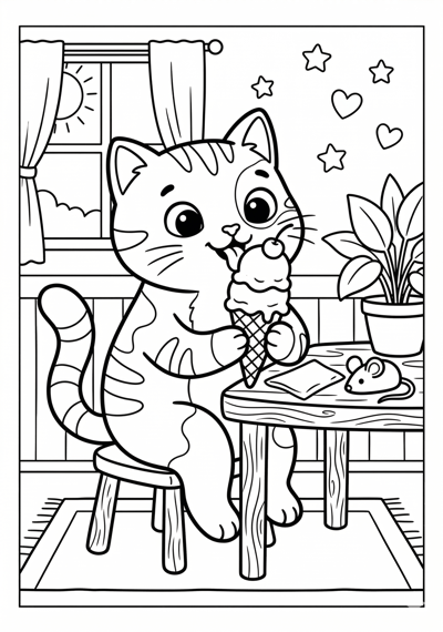 Cat eating ice cream coloring page for kids age 6-8