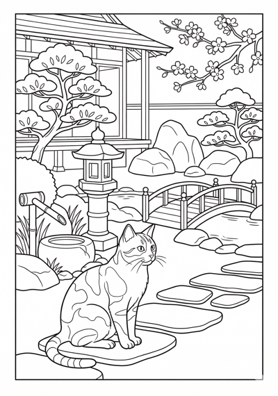 Detailed cat in Japanese garden coloring page for kids age 9-10
