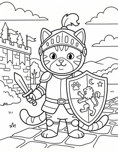 Cat knight coloring page for kids age 6-8