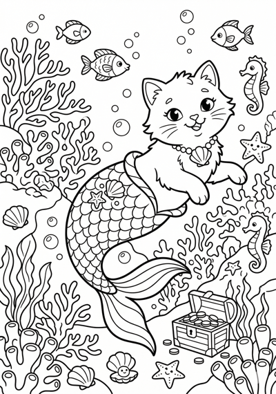 Mermaid cat coloring page for kids age 6-8