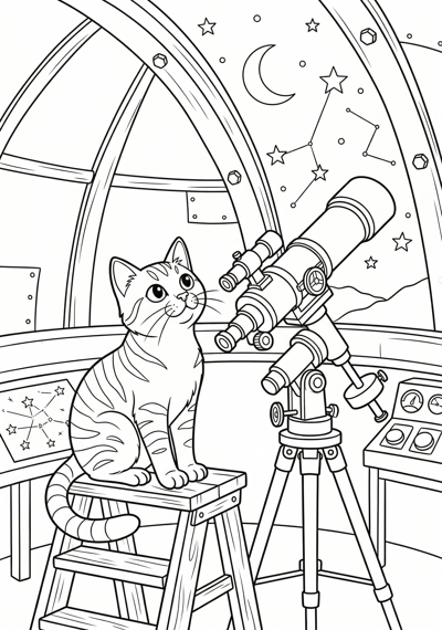 Detailed cat at observatory coloring page for kids age 9-10