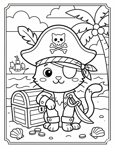 Cat pirate coloring page for kids age 6-8