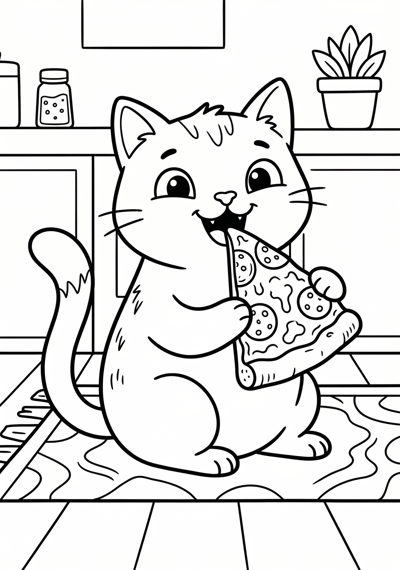 Cat with pizza slice coloring page for kids age 6-8