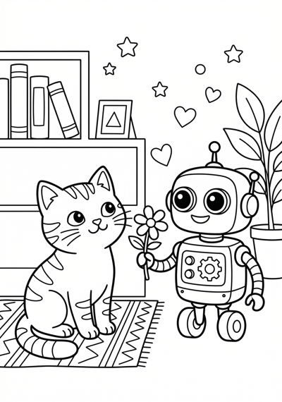 Cat and robot friend coloring page for kids age 6-8