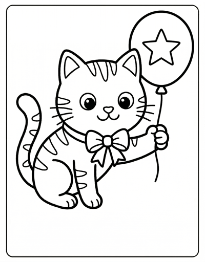 Simple cat holding balloon coloring page for kids age 3-5