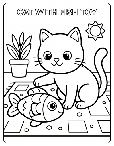 Simple cat with fish toy coloring page for kids age 3-5