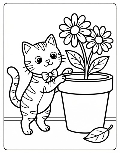 Simple cat by flower pot coloring page for kids age 3-5