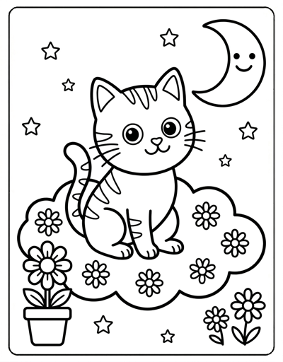 Simple cat and crescent moon coloring page for kids age 3-5