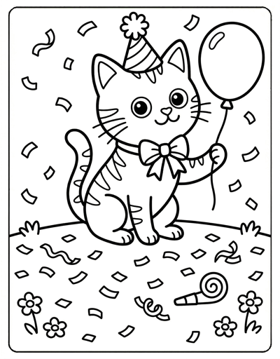 Simple cat in party hat coloring page for kids age 3-5