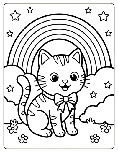 Simple cat with rainbow coloring page for kids age 3-5