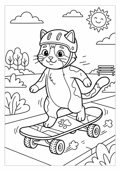 Cat on skateboard coloring page for kids age 6-8