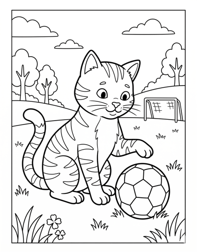 Cat with soccer ball coloring page for kids age 6-8
