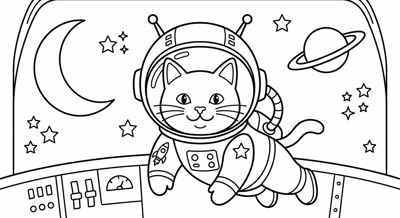 Cat in astronaut helmet coloring page for kids age 6-8