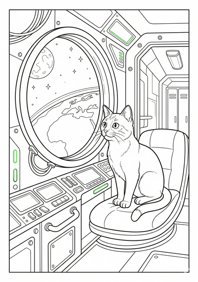 Detailed cat on space station coloring page for kids age 9-10