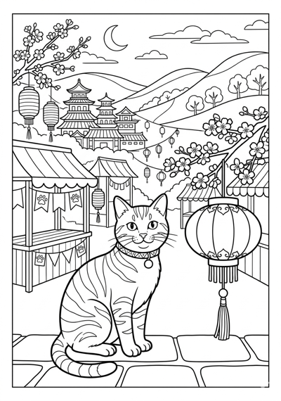 Detailed cat at spring festival coloring page for kids age 9-10