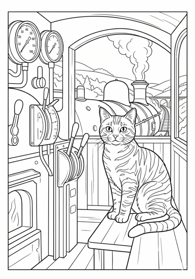 Detailed cat on steam train coloring page for kids age 9-10
