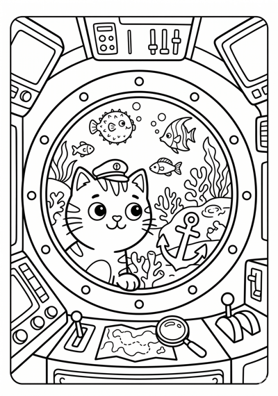 Cat in submarine coloring page for kids age 6-8