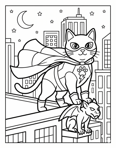 Superhero cat coloring page for kids age 6-8