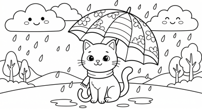 Cat with umbrella coloring page for kids age 6-8