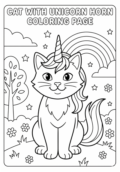 Cat with unicorn horn coloring page for kids age 6-8