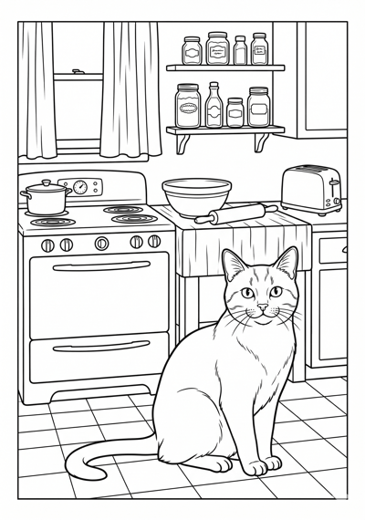 Detailed cat in vintage kitchen coloring page for kids age 9-10