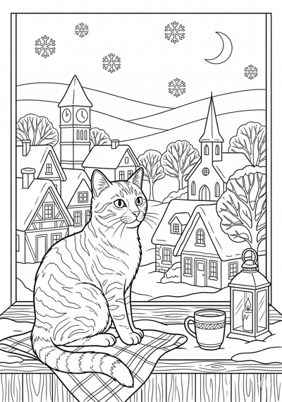 Detailed cat in winter village coloring page for kids age 9-10