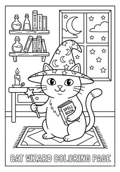 Cat wizard coloring page for kids age 6-8