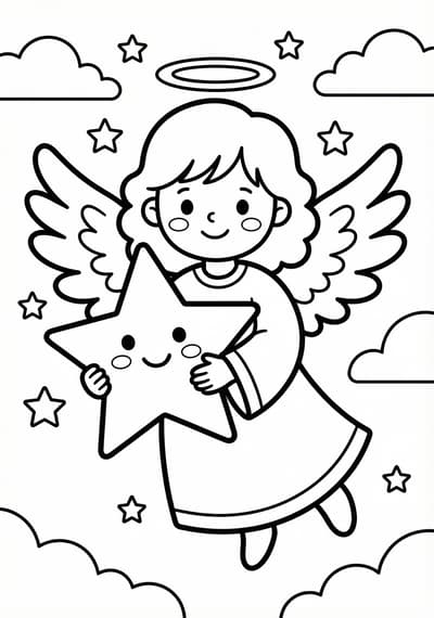 Angel and star Christmas coloring page for kids age 6-8