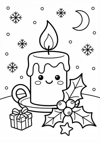 Candle and holly Christmas coloring page for kids age 6-8