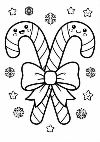 Candy canes and bow coloring page for kids age 6-8