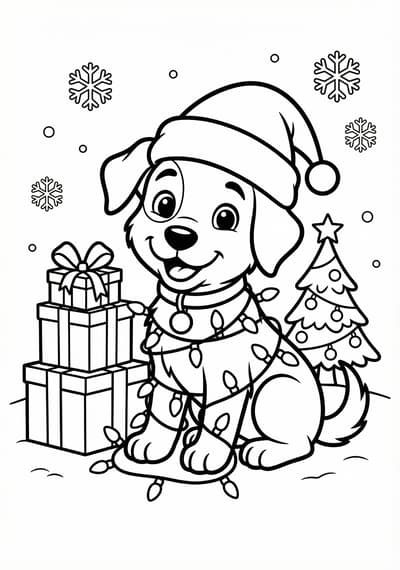 Christmas puppy coloring page for kids age 6-8