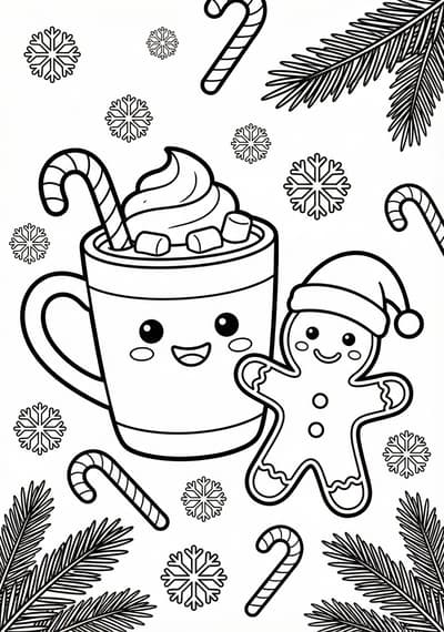 Hot cocoa and cookie Christmas coloring page for kids age 6-8