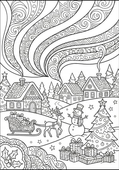 Detailed aurora night winter coloring page for kids age 9-10