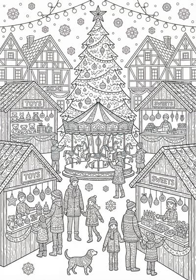 Detailed Christmas market coloring page for kids age 9-10